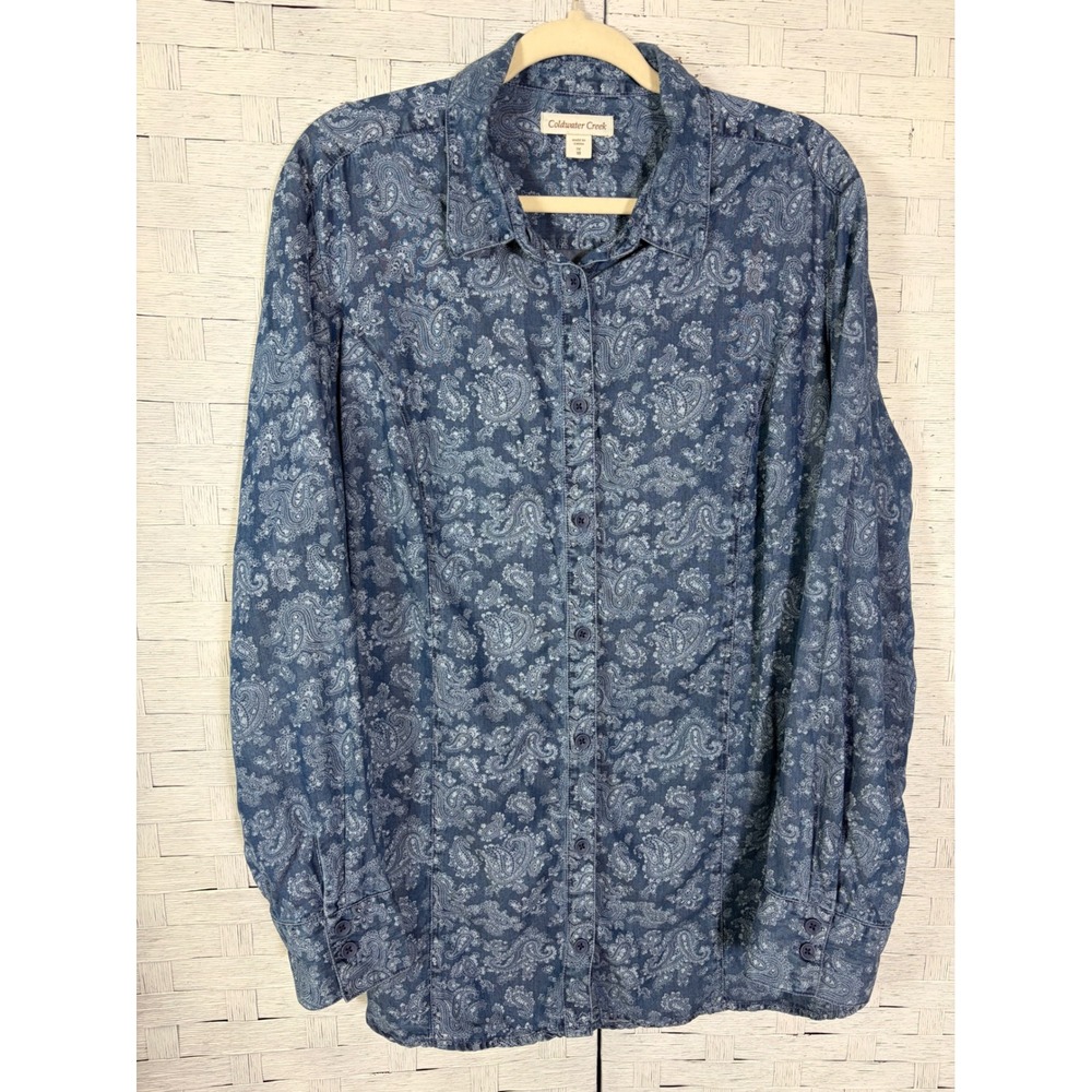 Coldwater Creek women's blouse‎ button down Blue Paisley Tencel Lyocell Pls Size